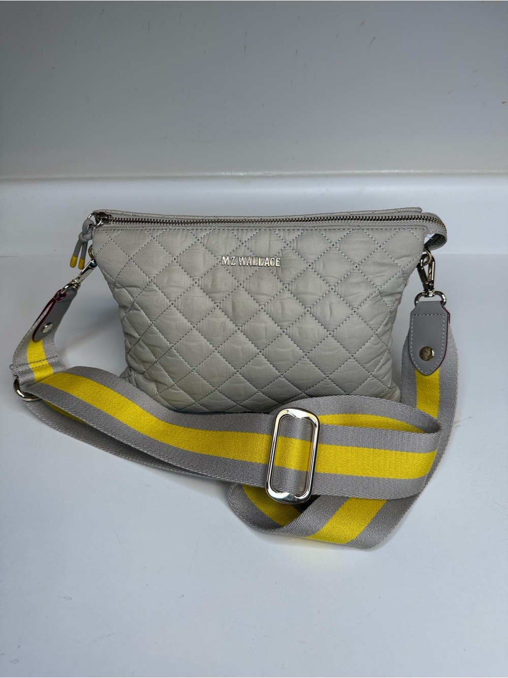 MZ Wallace Crosby Pippa Bag in Light Tan & yellow int with Yellow-Striped Strap